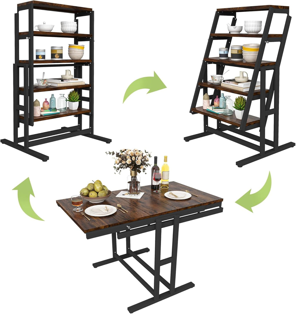 Convertible Dining Table, Multipurpose Mahogany Storage Shelf, 2 in 1 Bookshelf to Kitchen Table, Space Saving Transformer Shelf Table for Dining Room, Living Room (Rustic Brown, 47.2 Inch)