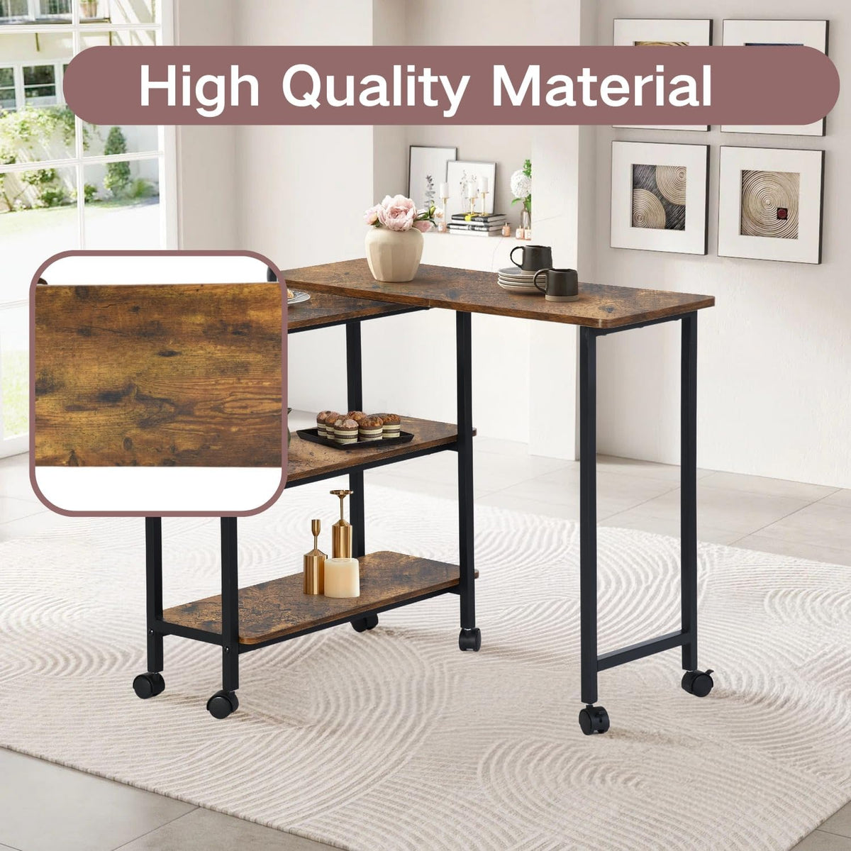 Homy Casa 360° Rotating Sofa Side Table with 2-Tier Storage Shelves - Mobile Couch Desk Movable Laptop Table with Sturdy Metal Frame and 6 Universal Casters for Home Office Living Room Furniture