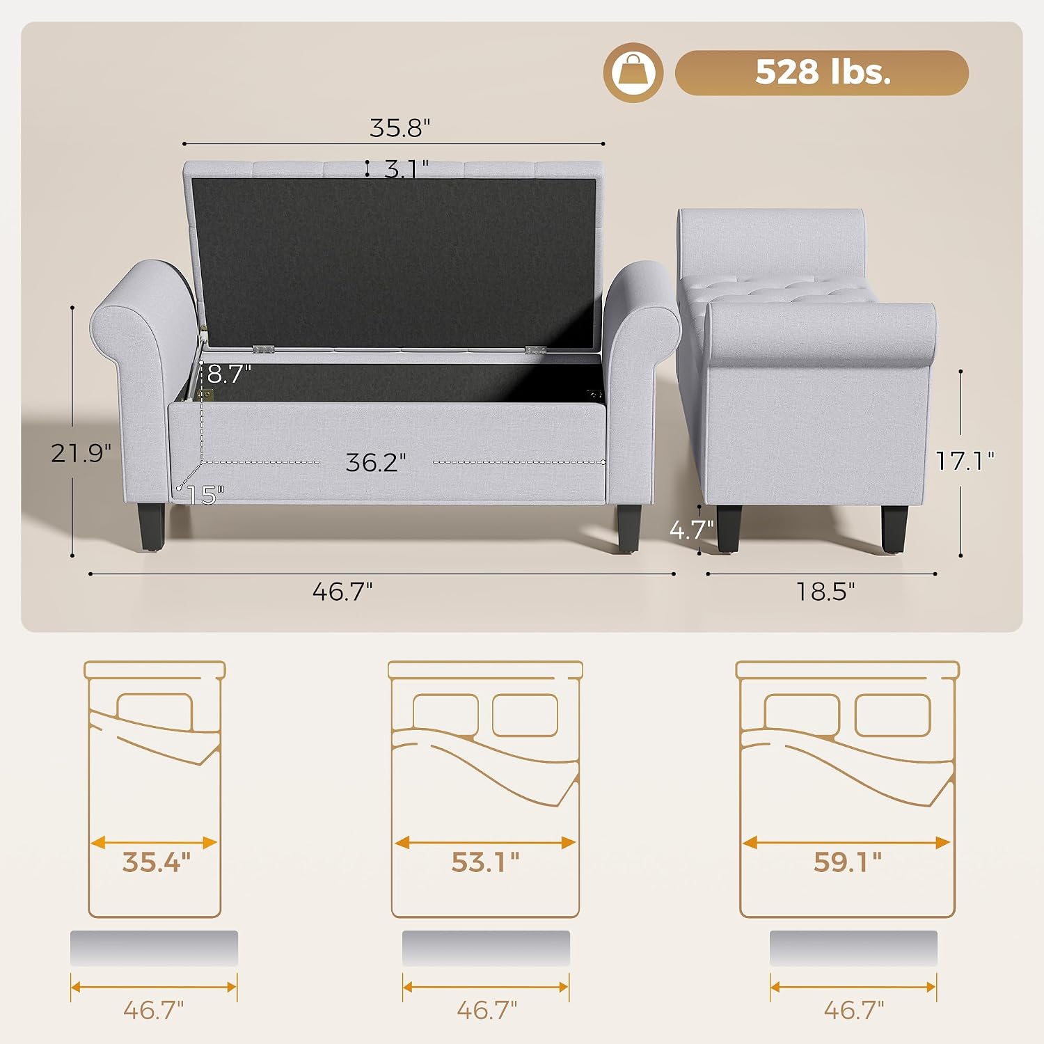 HOMCOM 47" Storage Ottoman Bench, Tufted Long Ottoman with Storage Chest, Rolled Arms, Safety Hinge, Wooden Legs, Upholstered End of Bed Bench, 528 lbs for Bedroom, Entryway, Living Room, Light Gray