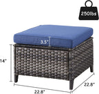 Outdoor Ottomans Patio Foot Rest - 2 Piece Wicker Rattan Ottoman Footrests Footstools with Comfortable Cushions for Patio Porch Deck Balcony Garden(Mixed Grey Wicker/Blue Cushion)