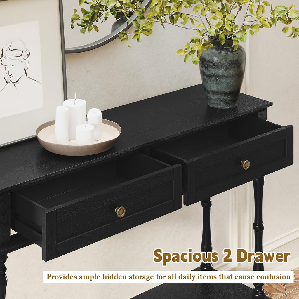 ARTPOWER Console Table for Entryway with 2 Drawers, 10 mins Assembly, Black | Solid Wood Veneer Entry Table, Behind Couch Sofa Table with Open Storage Shelf for Living Room, Foyer, Hallway
