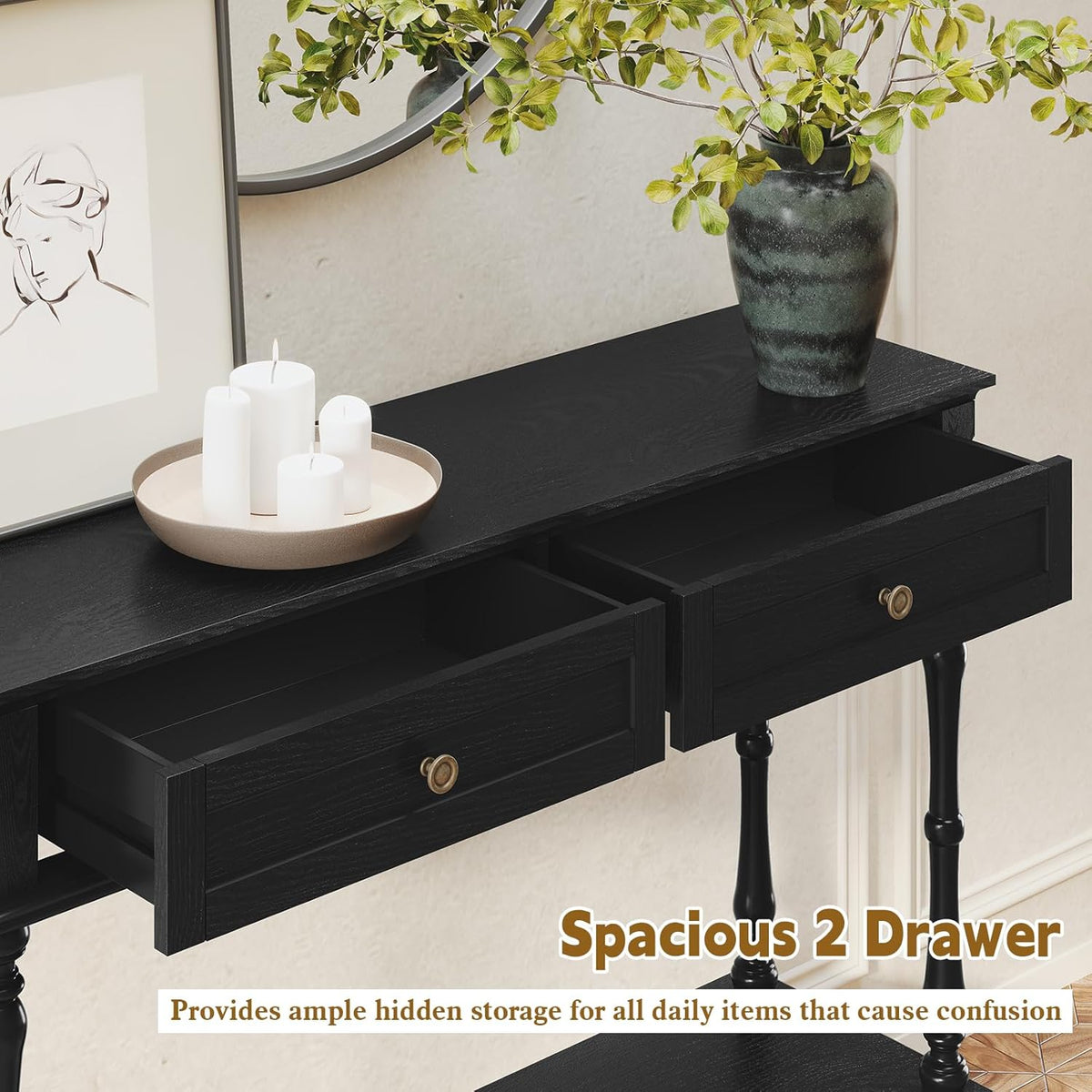 ARTPOWER Console Table for Entryway with 2 Drawers, 10 mins Assembly, Black | Solid Wood Veneer Entry Table, Behind Couch Sofa Table with Open Storage Shelf for Living Room, Foyer, Hallway