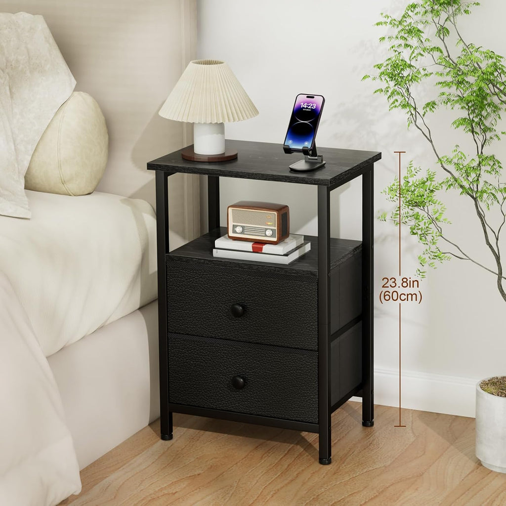 LOAKEKEL Night Stand, Black Nightstands with 2 Fabric Drawers for Bedroom | Small Bedside Table, End Tables Living Room, Bed Side Table with Open Storage Shelf