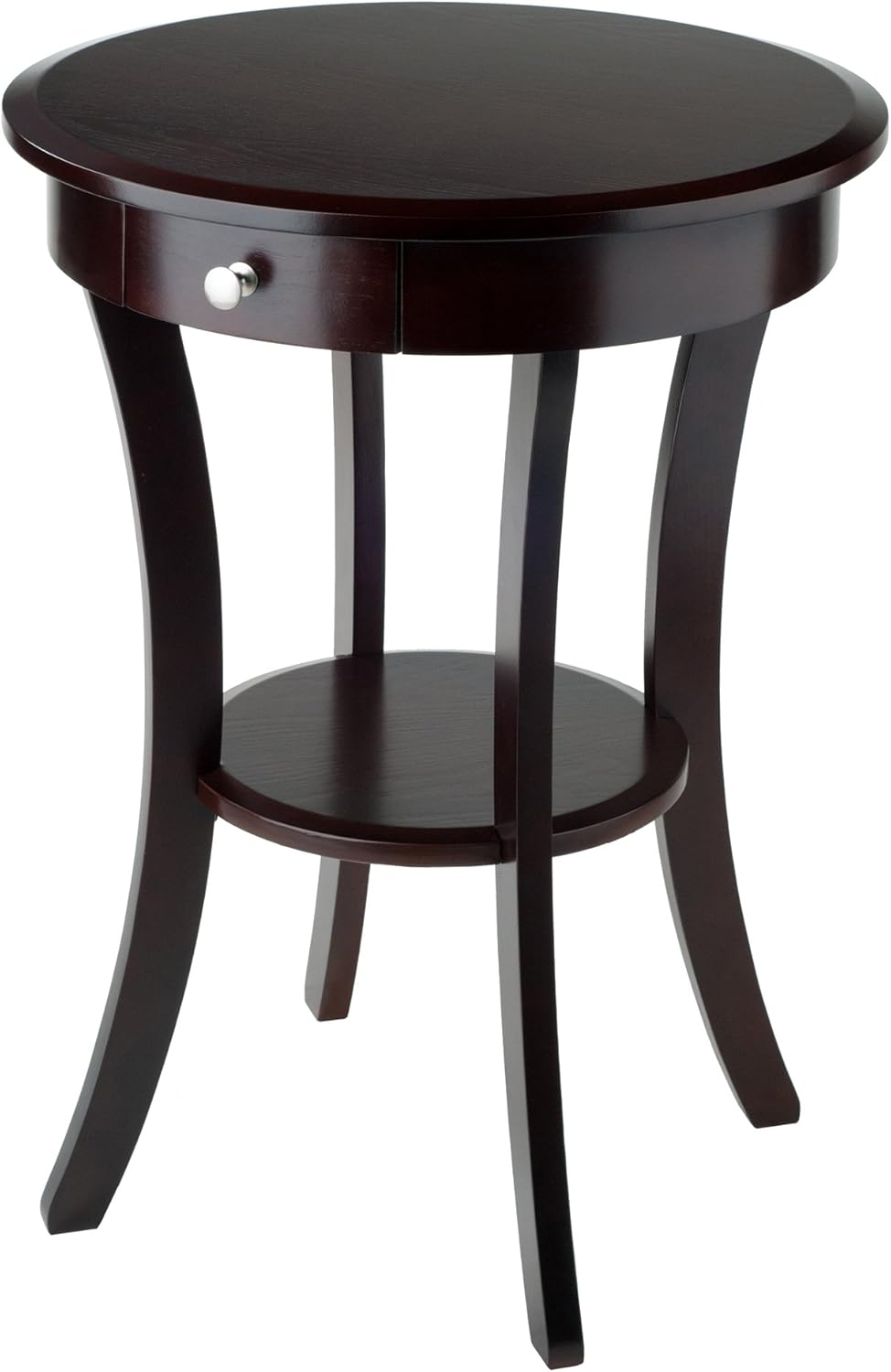 Casafoyer Wood Sasha Accent Table, 20" Round Top, 27" High, Solid Wood with Drawer & Shelf, Elegant Curved Design in Cappuccino Finish, Versatile for Living Room, Bedroom, or Entryway