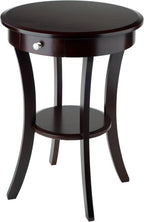 Casafoyer Wood Sasha Accent Table, 20" Round Top, 27" High, Solid Wood with Drawer & Shelf, Elegant Curved Design in Cappuccino Finish, Versatile for Living Room, Bedroom, or Entryway