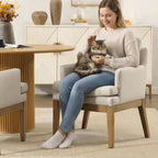 Linen Fabric Dining Chairs Set of 2, Upholstered Tufted Kitchen Room Chairs with Arms, Cozy Farmhouse Solid Wood Accent Side Chair for Dining/Living Room, Removable Cushion, Light Grey