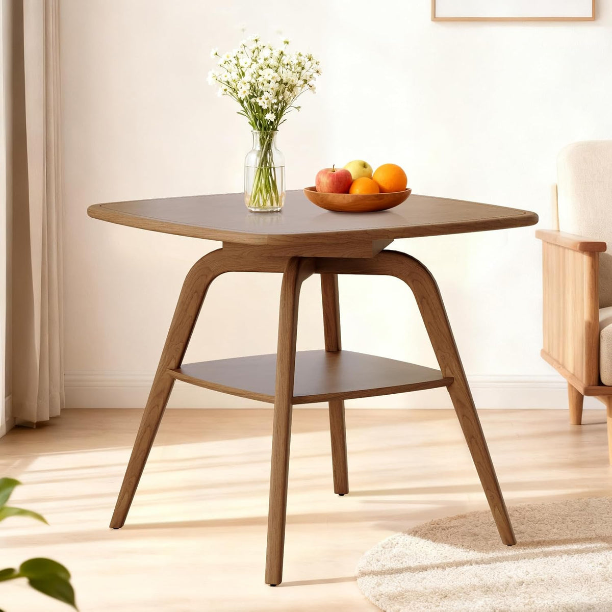 29.5" Square Dining Table for Small Spaces-Solid Wood Frame with Scratch-Resistant Veneer Top, Modern Compact Dinner Table with Storage Shelf for Kitchen, Apartment (Natural)