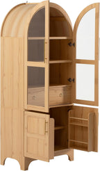 SOFTSEA Arched Kitchen Pantry Cabinet, with Hidden Drawer & Glass Door, 71" Tall Farmhouse Storage Cabinet with Open & Adjustable Shelves, Kitchen Hutch with Door Shelves for Living Room, Natural