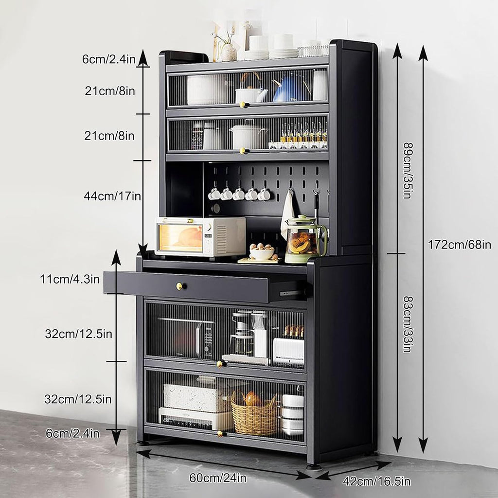 White Kitchen Pantry Cabinet with Microwave Stand Drawer Wheels and Ample Storage Space 24x68in