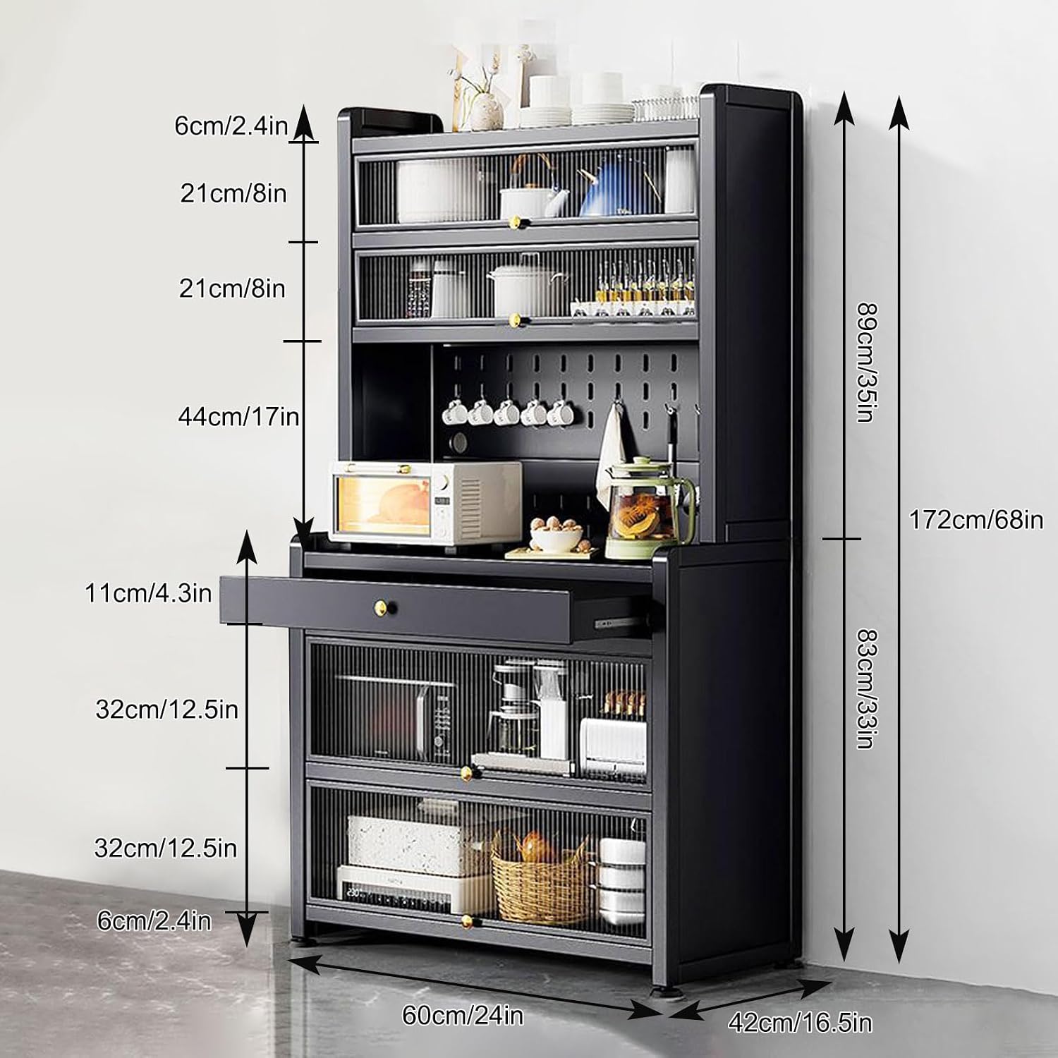 White Kitchen Pantry Cabinet with Microwave Stand Drawer Wheels and Ample Storage Space 24x68in