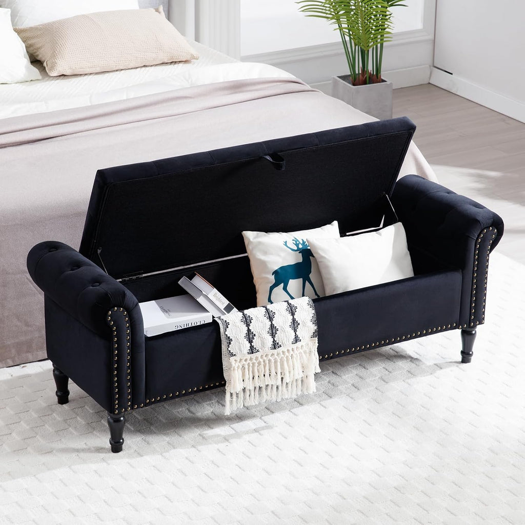 67'' End of Bed Storage Bench King Size, Storage Bench for Bedroom End of Bed, Upholstered Velvet Tufted Storage Ottoman Benches with Arms for Living Room, Entryway, Black