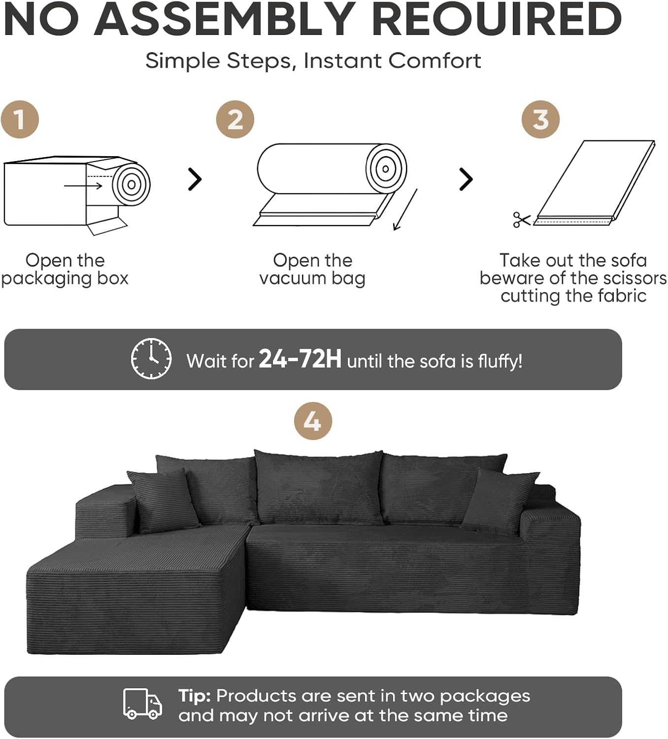 Couch, 102.4" Sectional Couches for Living Room with L Shape Sofa | Cloud Couch Sectional with Chaise, Modular Cloud Sofa with Deep Seat, No Assembly, Black, Corduroy, Left Chaise