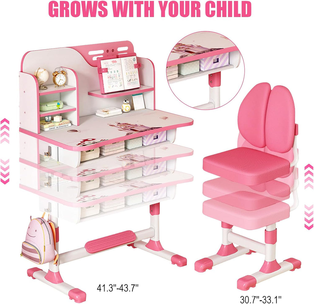 Kids Functional Desk and Chair Set, Height Adjustable Children School Study Table Chair Set with Astronaut Pattern, Ergonomic Desk Chair with Large Writing Board, Bookshelf and Drawer Pink