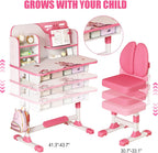 [Fast Arrival] Kids Study Desk and Chair Set - Height Adjustable Kids Writing Desk with Chair, Girls Learning Table with Large Writing Board for Bedroom, Ideal Gifts for Children Boys Girls 6-12