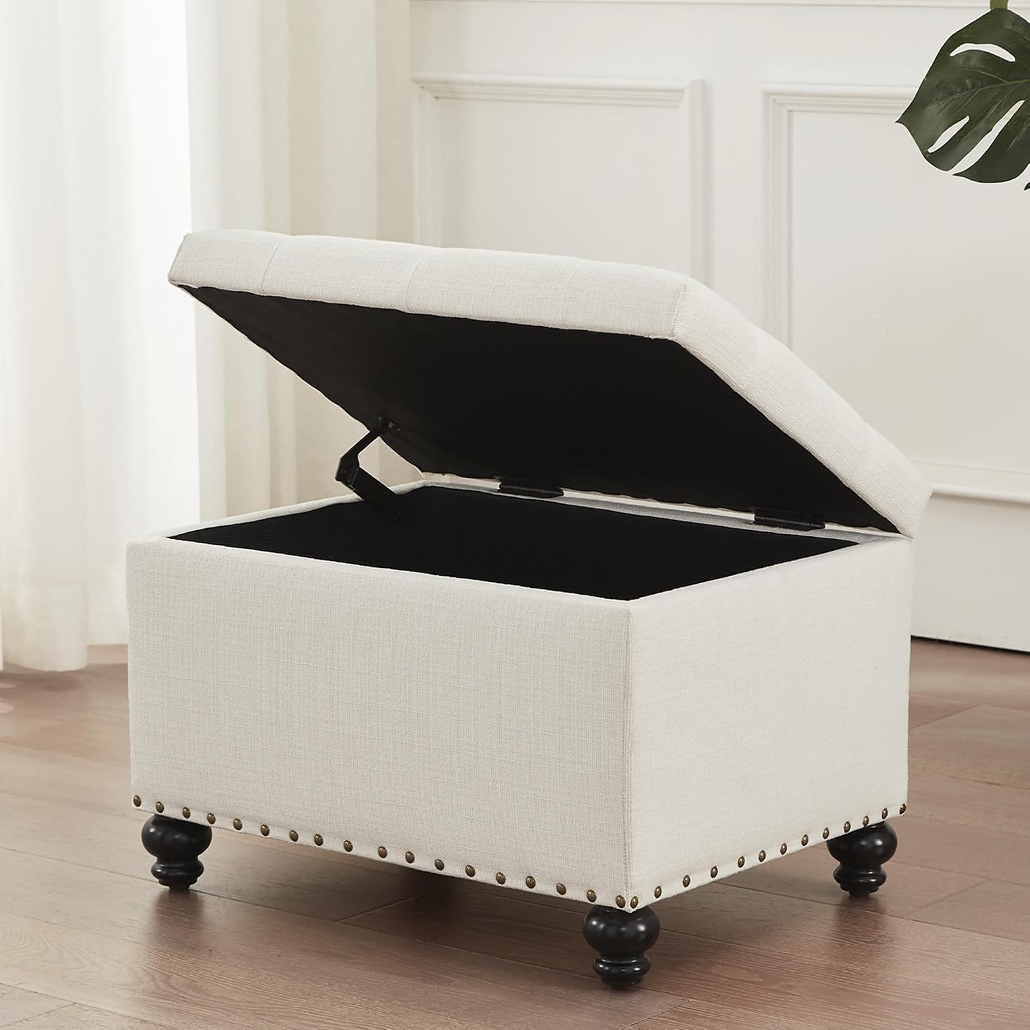 Zihanhome Small Storage Ottoman, Tufted Ottoman Foot Rest, Foot Stools, 24" Upholstered Rectangle Bench with Solid Wood Legs for Living Room, Bedroom, Dorms and Apartments (White)