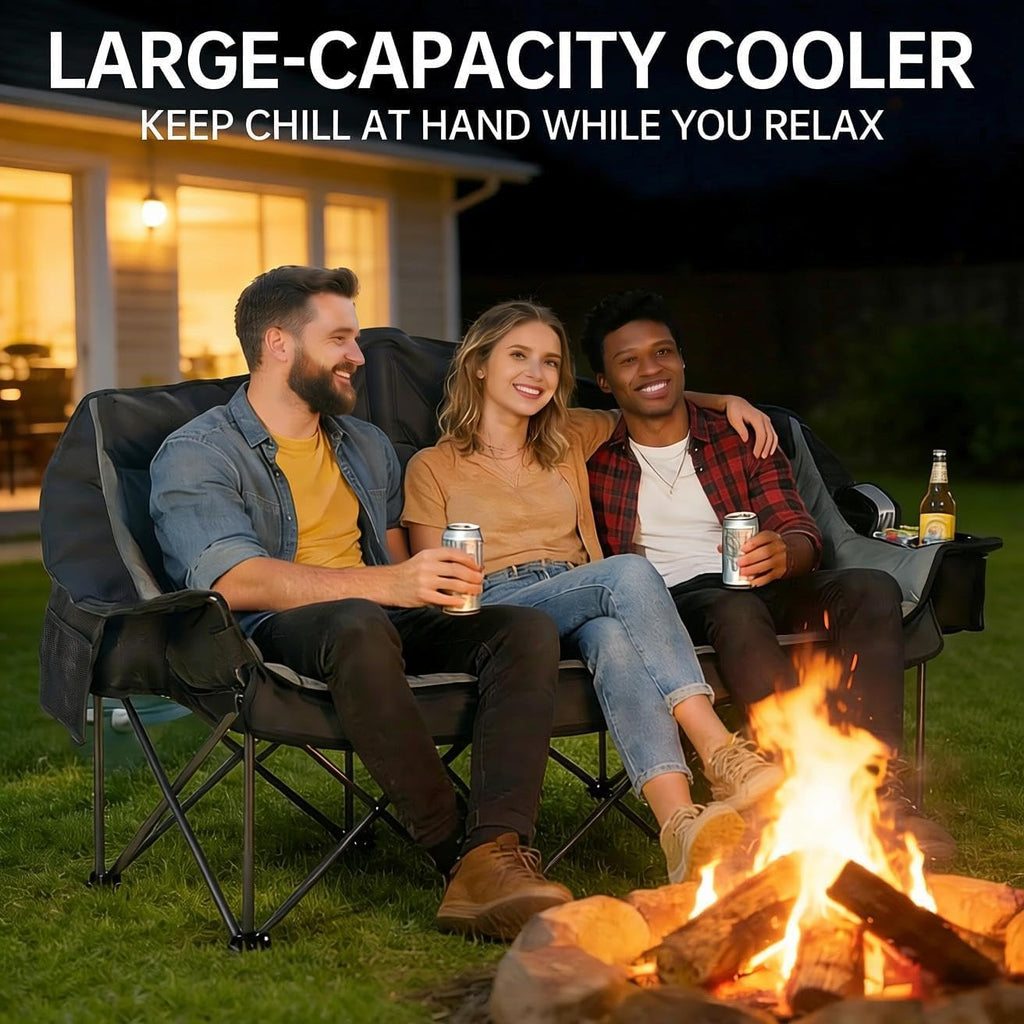 3 Person Camping Chair for Adults Folding Double Camping Chair Oversized Heavy Duty Camping Loveseat with Cup Holders & Carry Bag, Portable Outdoor Lawn Chair for Camping, Beach, Backyard Black & Grey