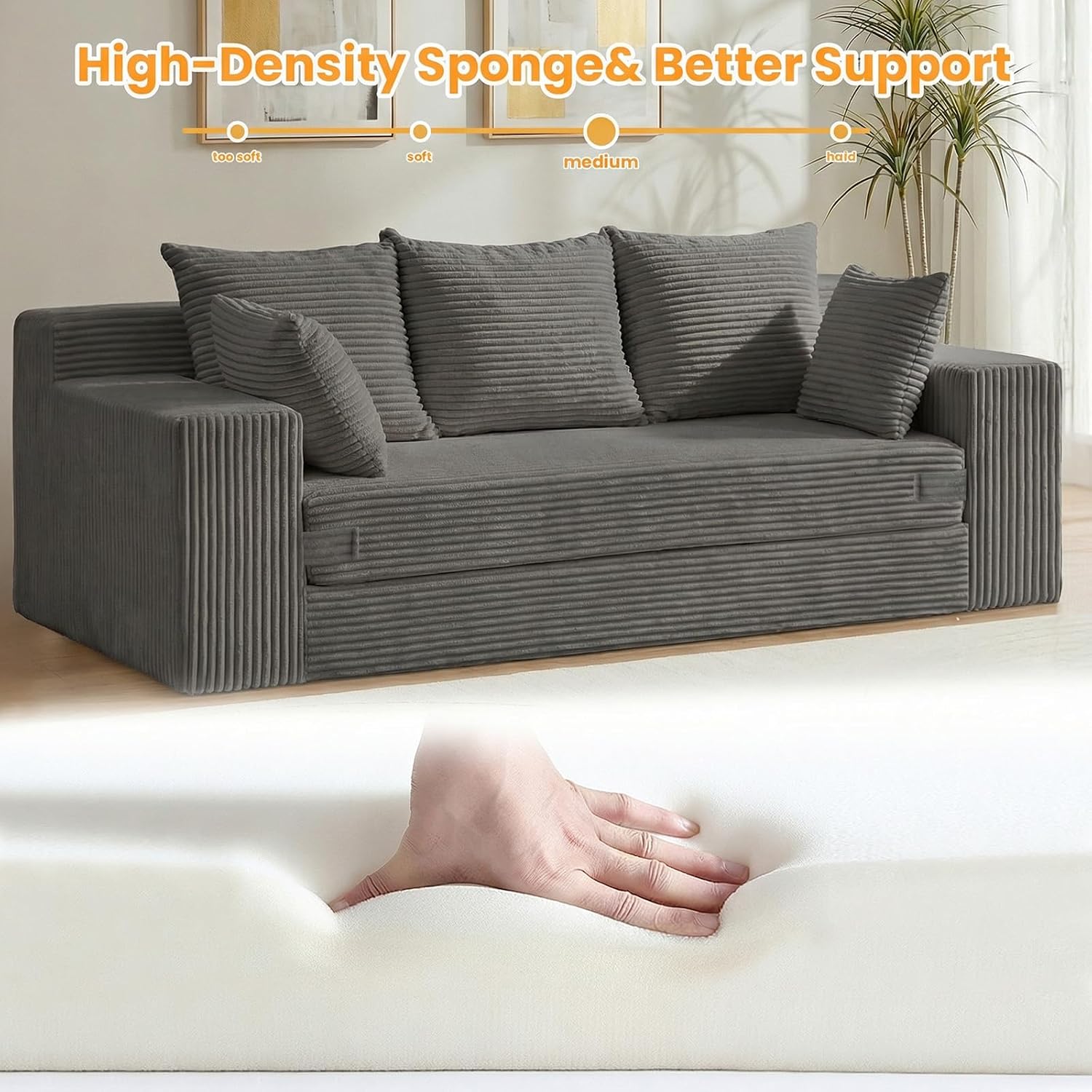 Oversized Loveseat, 3 Seater Pull Out Convertible Sofa Bed, 70" Gray Couch Fold Out Floor Couch Sleeper Sofa with 5 Pillows for Living Room Bedroom Lounge Small Space