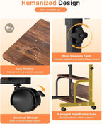 QZMDSM Portable Rolling Desk on Wheels Adjustable Height Desks for Small Spaces, 32" Computer Desk Drafting Tables with Storage Shelves for Home Office Rustic