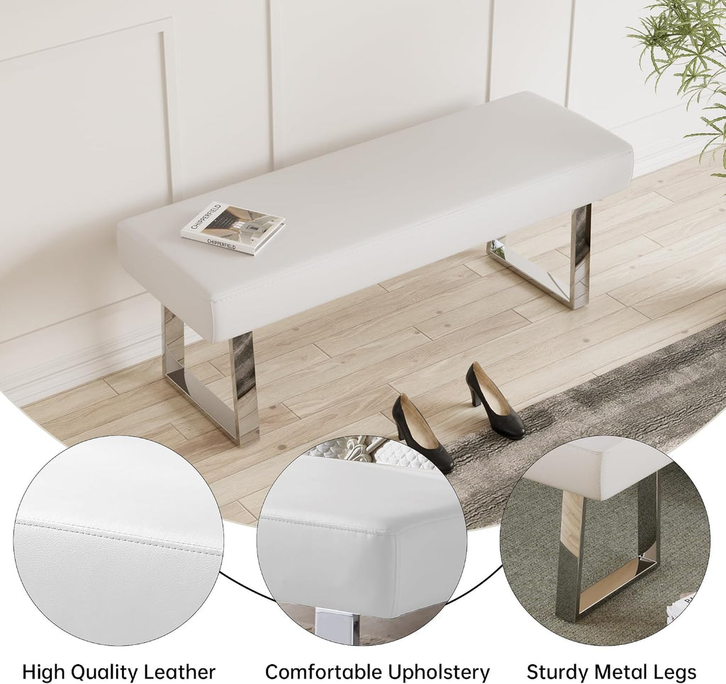 JIEXI 45.3" Upholstered PU Leather Bedroom Bench Footstool with Metal Legs | Sturdy Silver Plated Chrome Legs, Padded Seat, Space Saver, for Bedroom Entryway Living Room Window