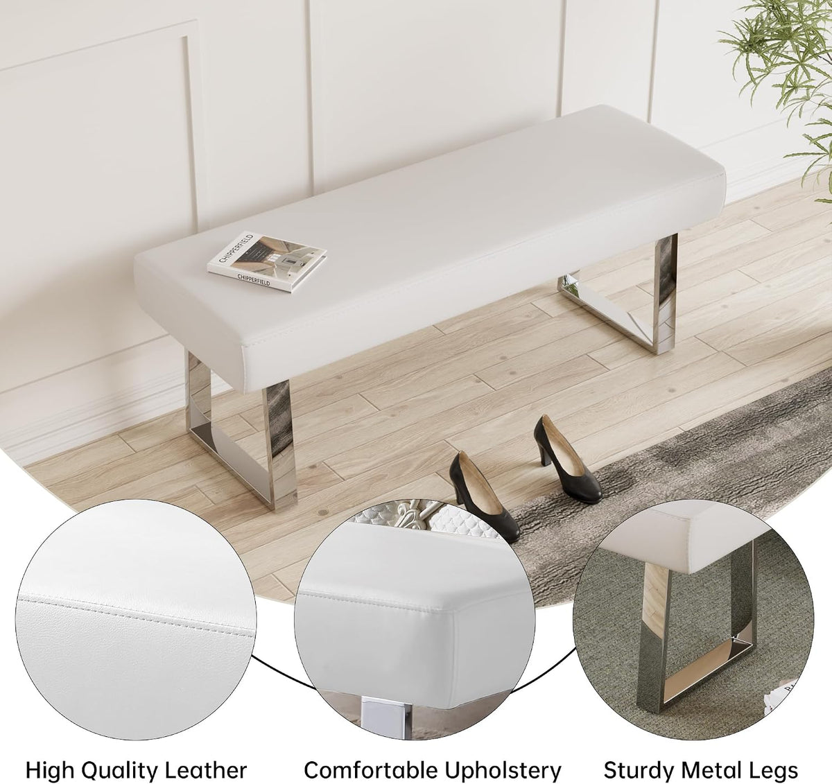 JIEXI 45.3" Upholstered PU Leather Bedroom Bench Footstool with Metal Legs | Sturdy Silver Plated Chrome Legs, Padded Seat, Space Saver, for Bedroom Entryway Living Room Window