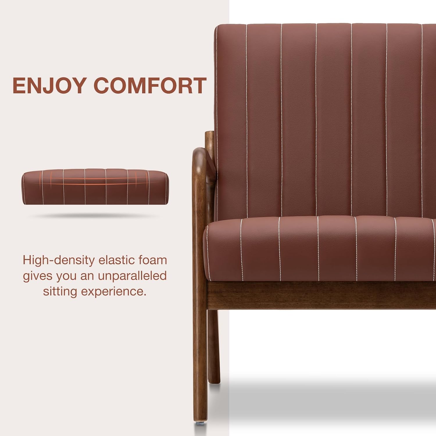 HOMMPA Mid-Century Modern Accent Chair, Comfy Reading Armchair with Solid Wood Frame & Lumbar Pillow, Upholstered Linen Lounge Chair with Side Pocket for Living Room, Bedroom,Balcony (Brown)