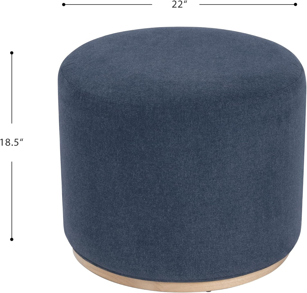 Spatial Order 22" Round Ottoman with Wooden Base - Blue Woven Fabric