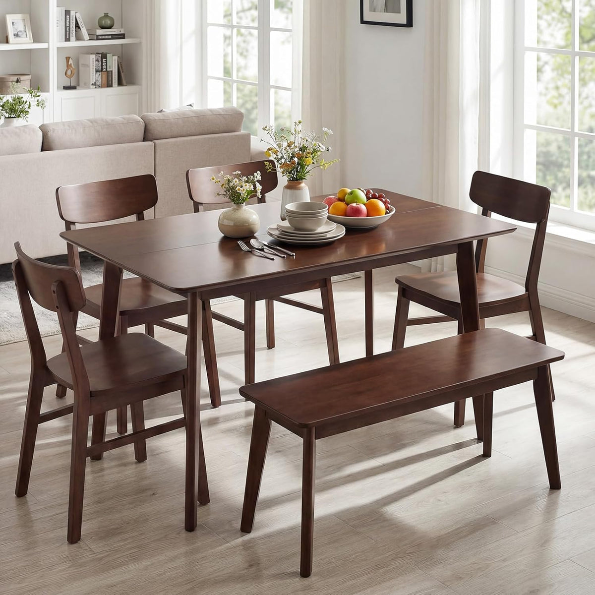 Giantex Dining Table for 4, 47" Rectangular Wooden Kitchen Table with Solid Rubber Wood Legs, Mid Century Modern Dinner Table for Dinette, Living Room, Home Office (Walnut)
