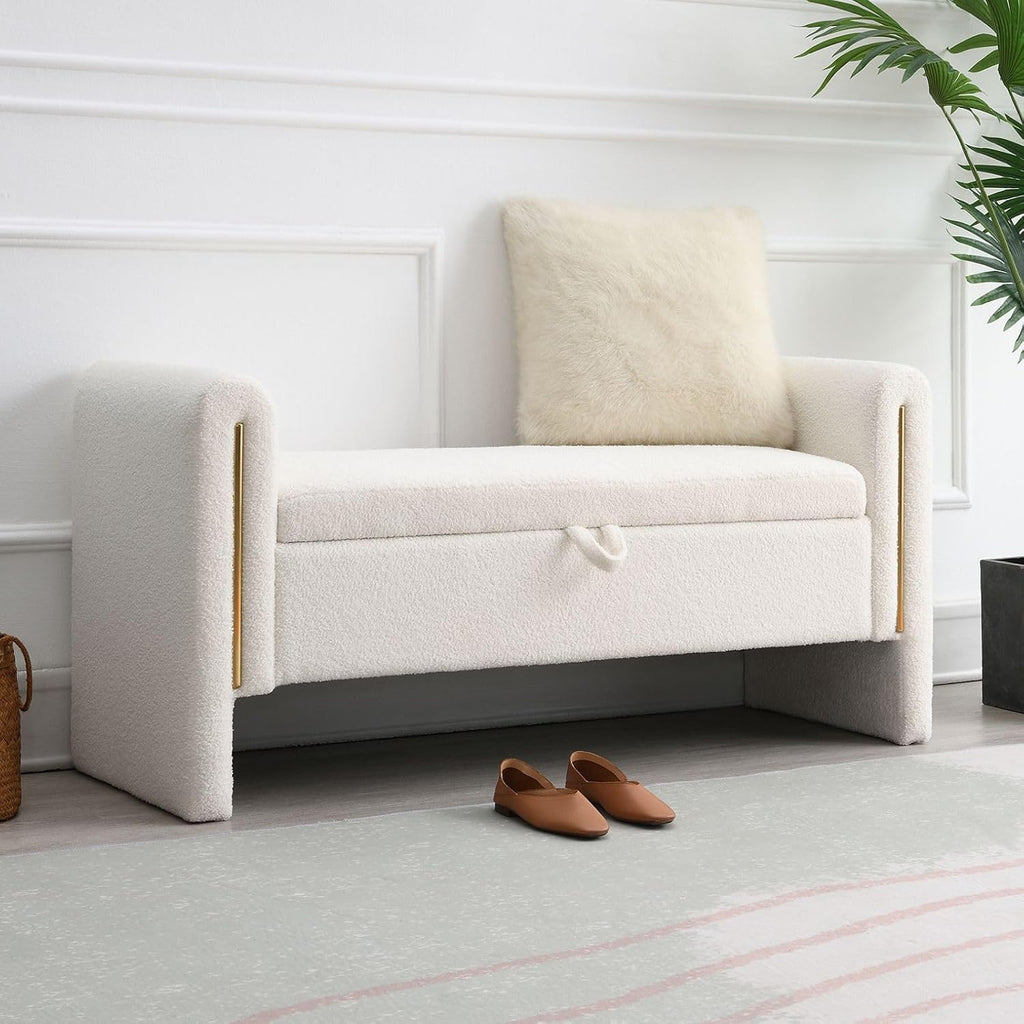 Modern 52" Storage Ottoman Bench, Upholstered End of Bed Storage Bench with Armrests, Entryway Bench, Teddy Foot Rest Stool for Living Room Hallway Bedroom (White)