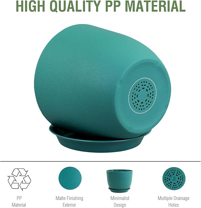 Plant Pots 12 inch, Plastic Planters with Drainage Holes and Saucers, Large Flower Pots for Indoor Outdoor Plants, Modern Decorative Pots for Garden House Plants, Blue Green