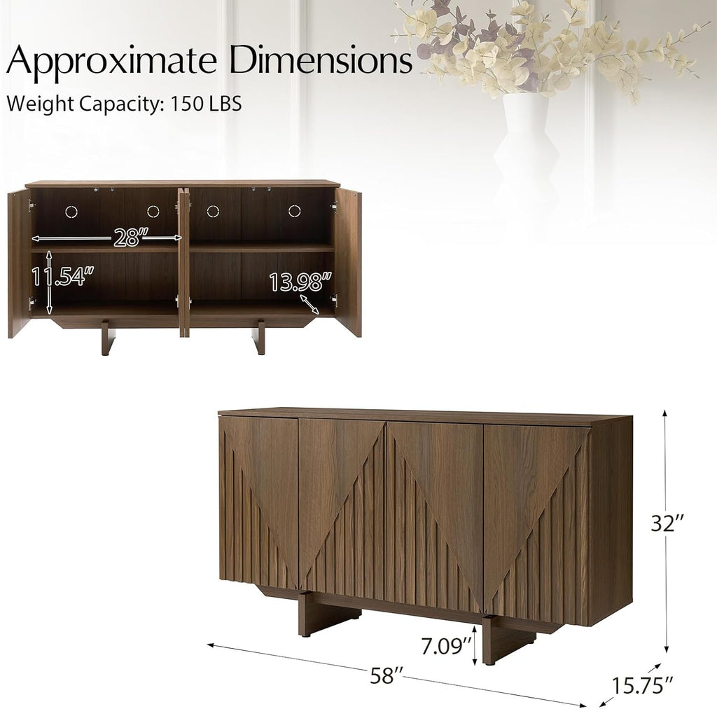 HULALA HOME Mid Century Modern Solid Wood Sideboard with Triangle, 4 Door Fluted Buffet Cabinet with Storage, 58" Sideboard Cabinet with Adjustable Shelves, Walnut