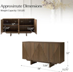 HULALA HOME Mid Century Modern Solid Wood Sideboard with Triangle, 4 Door Fluted Buffet Cabinet with Storage, 58" Sideboard Cabinet with Adjustable Shelves, Walnut