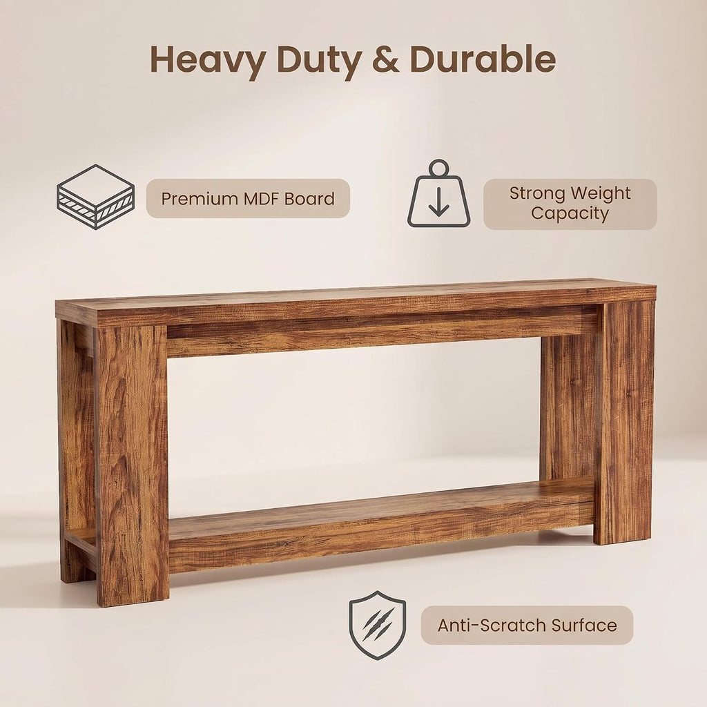 70.9" Rustic Farmhouse Console Sofa Table - Heavy Duty MDF Entryway Table with 2-Tier Storage, Narrow Long Table for Behind Couch, Brown