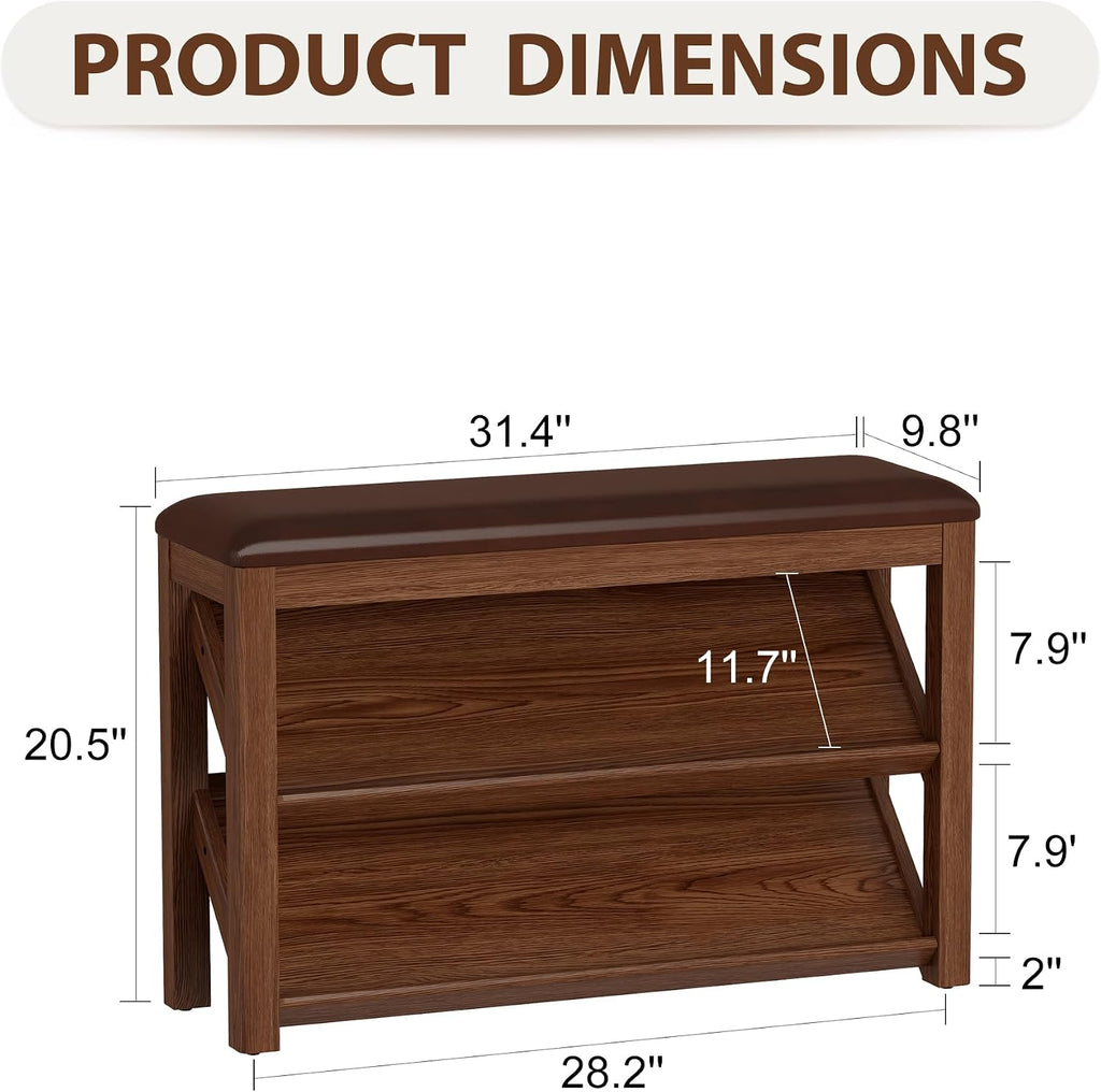 AQIMUELE Rubberwood Shoe Bench with Leather Cushion and Slanted Shelves | Solid Wood Shoe Storage Bench with 2 Tier Shelves and Anti-slip Foot Pads,Shoe Rack for Entryway,Hallway,Living Room,Walnut