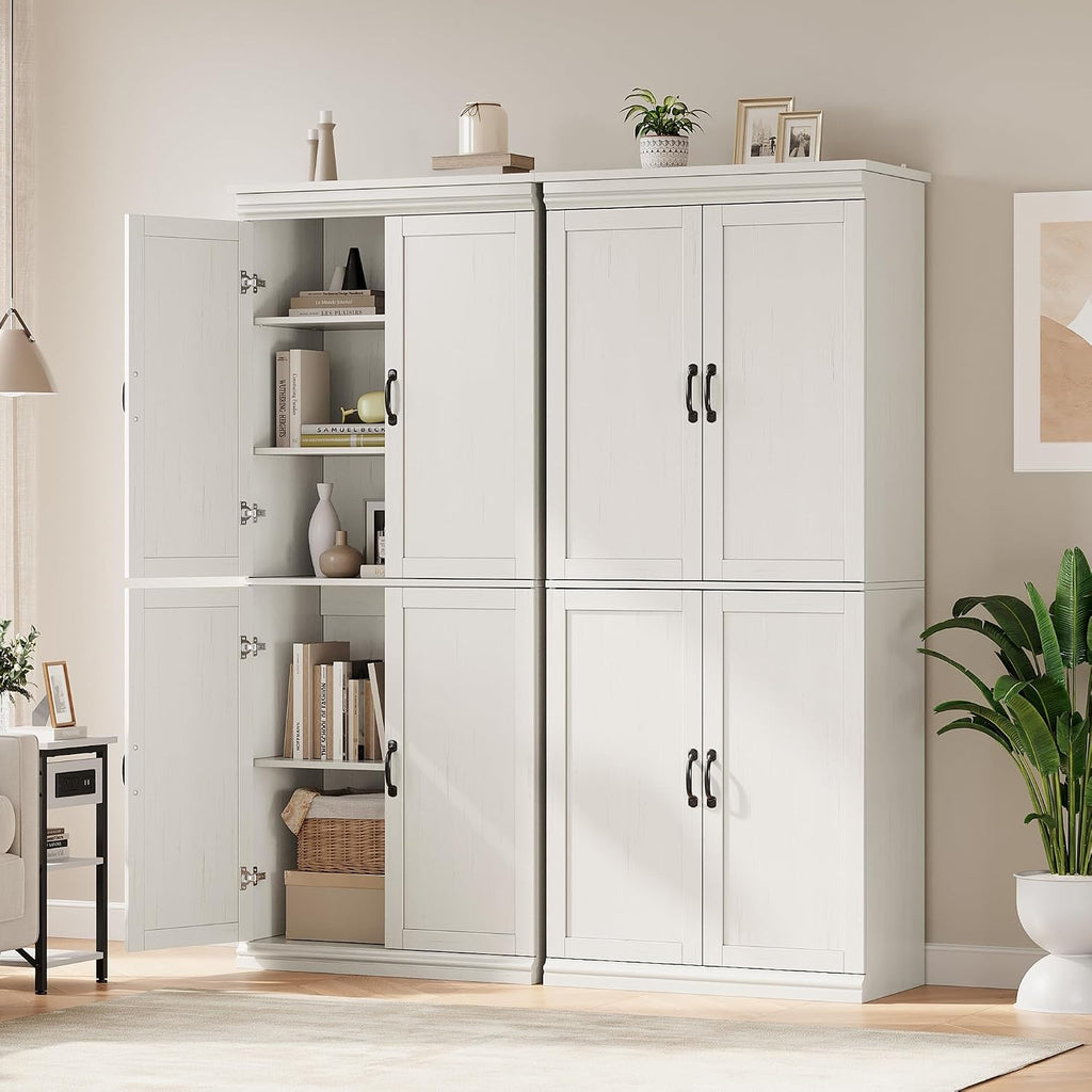 IDEALHOUSE Pantry Cabinet, White 4-Door with Adjustable Shelves, 70" H | Freestanding Cupboard with 5 Interior Compartments, Dining Room, Kitchen, Bathroom, Living Room