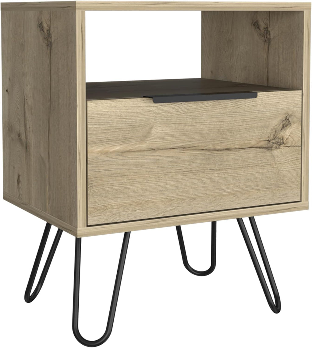 Nightstand 22" H, One Open Shelf, Single Door Cabient, Hairpin Legs, Light Oak,for Small Spaces