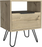 Nightstand 22" H, One Open Shelf, Single Door Cabient, Hairpin Legs, Light Oak,for Small Spaces