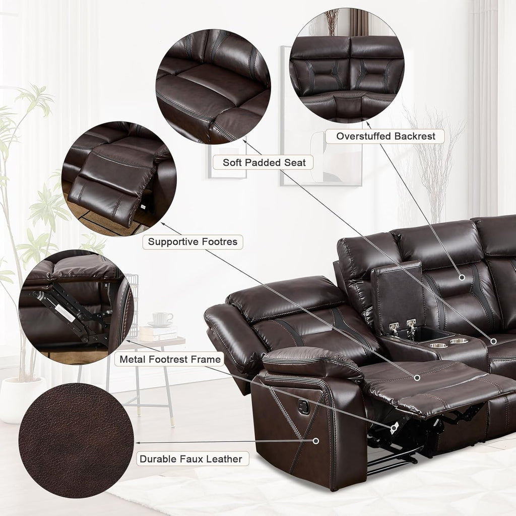 EBELLO Faux Leather Reclining Sectional Sofa Set for Living Room, 1 Recliner Chair and L-Shaped Corner Manual Recliner Sofa Home Furniture Set with Center Console, Cup Holders and Storage, Dark Brown