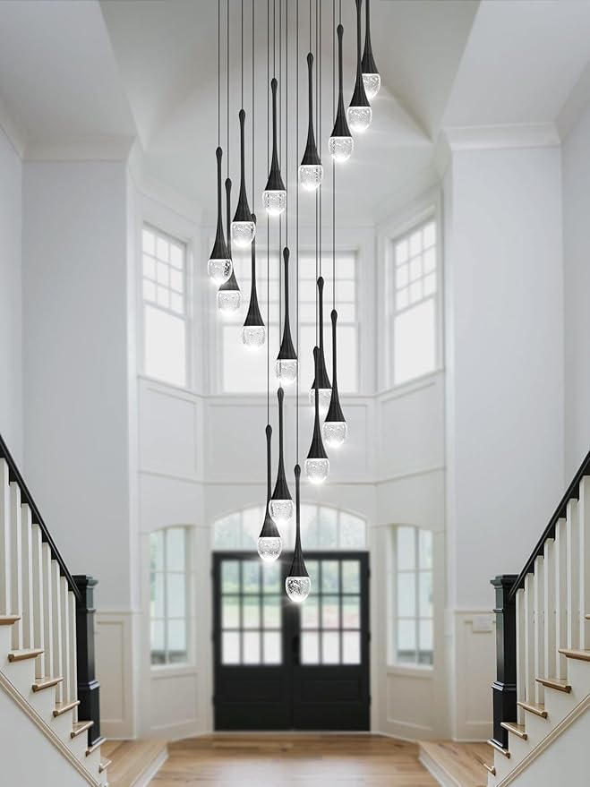 120'' Bubble Crystal Raindrop Chandeliers 16-Lights Black Long Staircase Chandelier Foyer High Ceiling Chandeliers Loft Slante LED Dimmable Ceiling Fixtures
