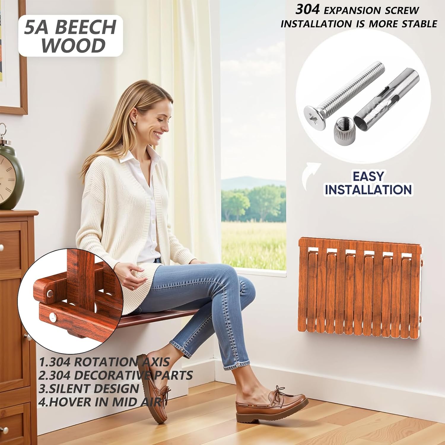 The folding stool is made of beech wood and can withstand 400 pounds. The surface is coated with Transparent paint and polished. Used for changing shoes, showering, folding bedside table(Walnut paint)