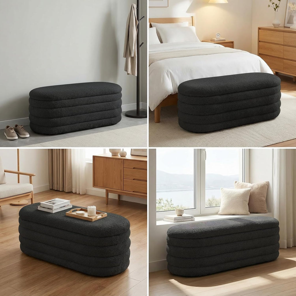 Furniliving Storage Ottoman Bench, 45'' Upholstered Boucle Ottoman with Storage, Aesthetic End of Bed Bench for Bedroom Living Room Entryway, Black