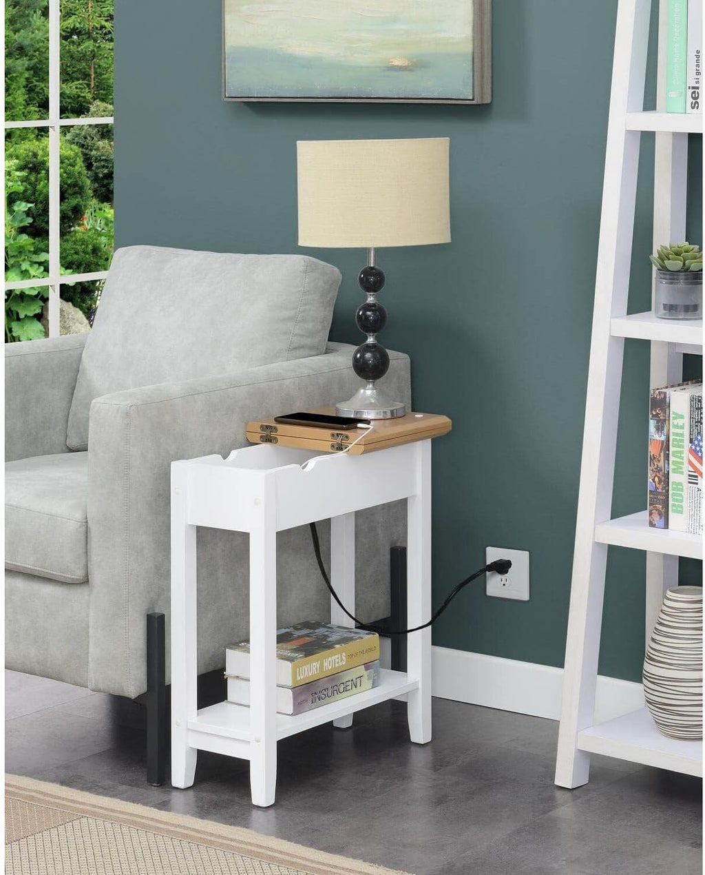 HomeStock Cool Flip Top End Table with Charging Station, 23-in x11-In x24-In, Driftwood/White, Hidden Storage, USB & Power Outlets, Stylish & Functional for Any Space