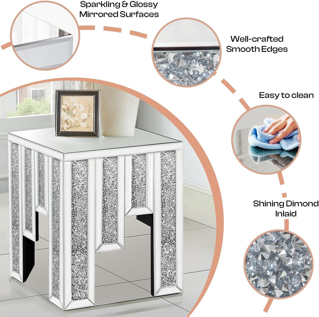 Crushed Diamond Side Table, Mirrored Accent End Table & Sofa Table for Living Room, Luxury Bling Crystal Nightstand, Fully Assembled Drop-Tested Packaging for Bedroom, Entryway