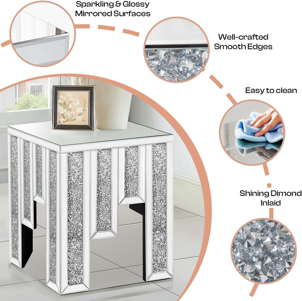 Crushed Diamond Side Table, Mirrored Accent End Table & Sofa Table for Living Room, Luxury Bling Crystal Nightstand, Fully Assembled Drop-Tested Packaging for Bedroom, Entryway