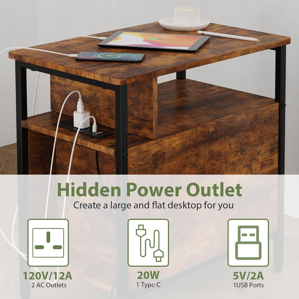 End Table with Charging Station, Narrow Side Table with 2 Fabric Drawers & Storage Shelf, USB Ports & Power Outlets, Nightstand for Bedroom, Living Room and Small Spaces, Rustic Brown