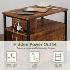 End Table with Charging Station, Narrow Side Table with 2 Fabric Drawers & Storage Shelf, USB Ports & Power Outlets, Nightstand for Bedroom, Living Room and Small Spaces, Rustic Brown