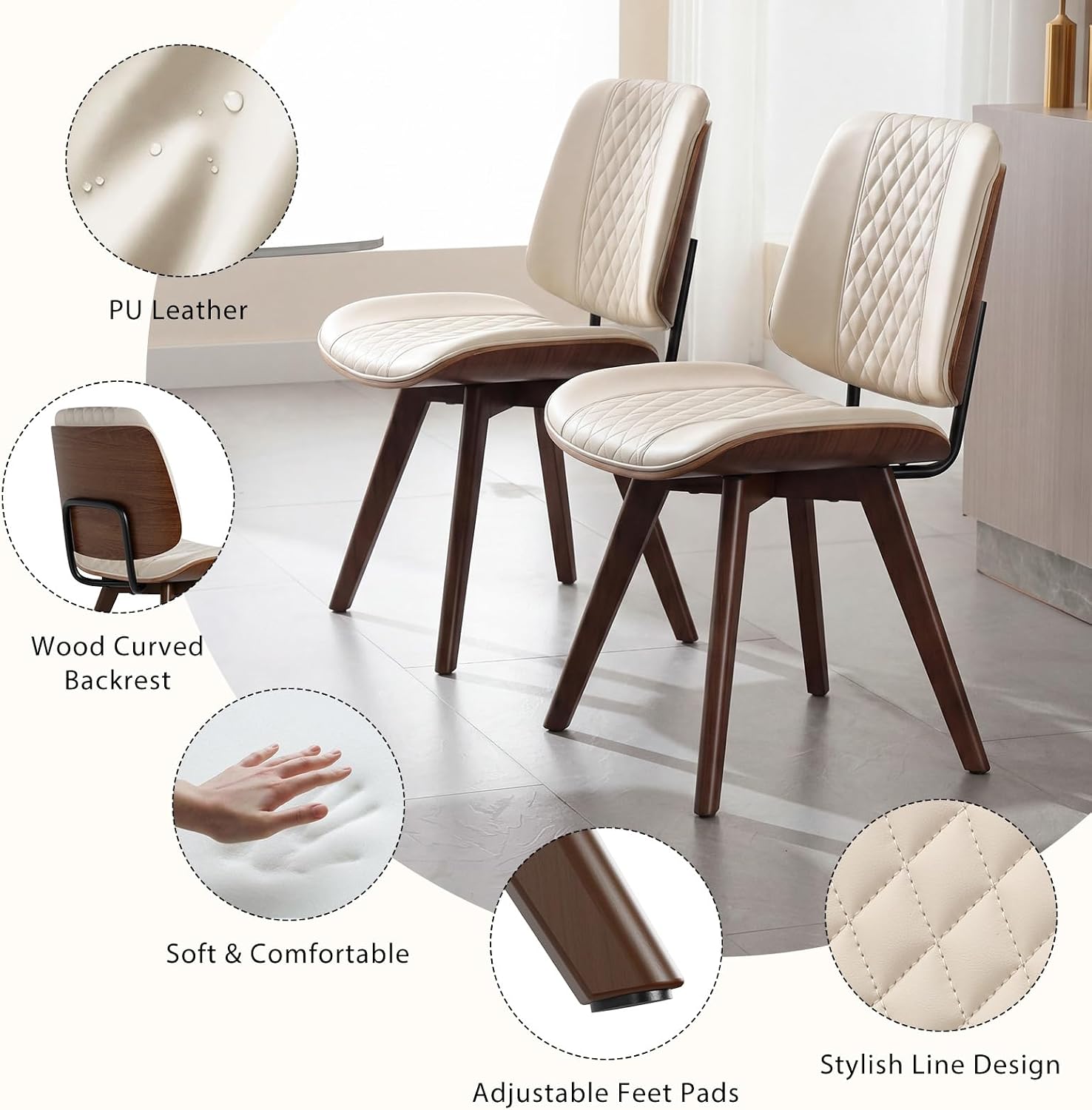 BV Dining Chairs Set of 2, PU Leather Armless Kitchen Chair in Modern Walnut Style, Mid Century Bentwood Side Chair with Wood Legs, Retro Accent Guest Chair for Kitchen Dining Room(Beige)
