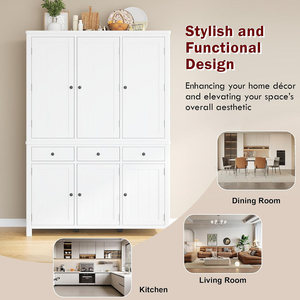 Farmhouse 74.8''H High Freestanding Kitchen Pantry,Large Cupboard Storage with Door Shelves,Adjustable Shelves, Pull-Out Trays and Drawers (White-A)