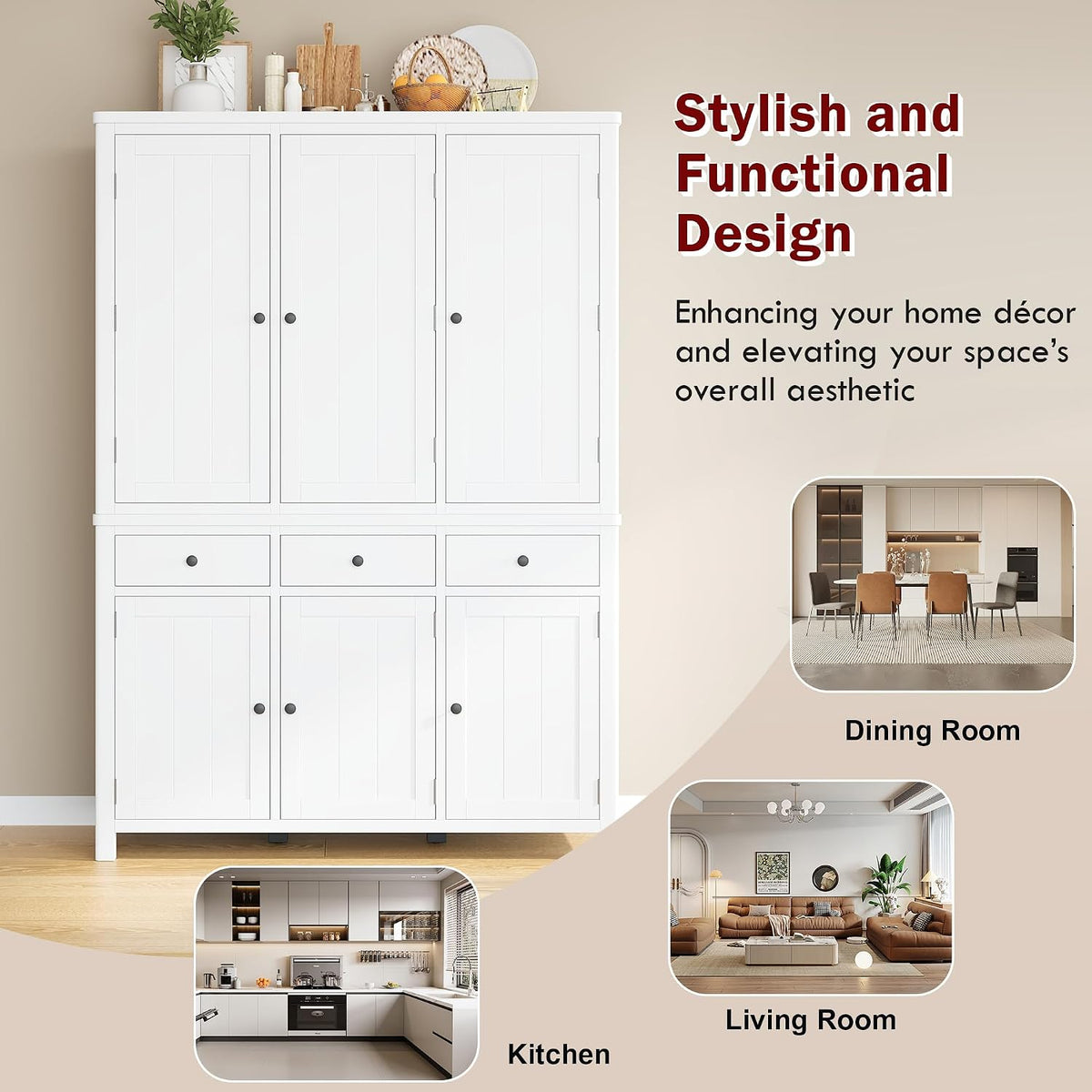 Farmhouse 74.8''H High Freestanding Kitchen Pantry,Large Cupboard Storage with Door Shelves,Adjustable Shelves, Pull-Out Trays and Drawers (White-A)