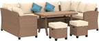 6-Piece PE Rattan Patio Set: 3 Sofas, 2 Ottomans, Coffee Table, Khaki Cushions & Blue Pillows, Steel FFor rame, All-Weather