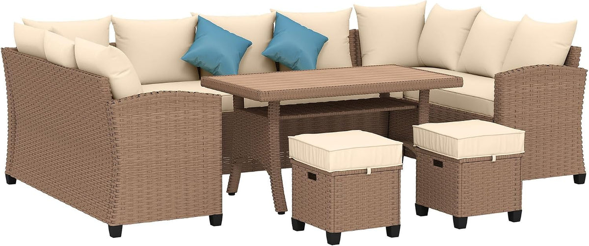6-Piece PE Rattan Patio Set: 3 Sofas, 2 Ottomans, Coffee Table, Khaki Cushions & Blue Pillows, Steel FFor rame, All-Weather